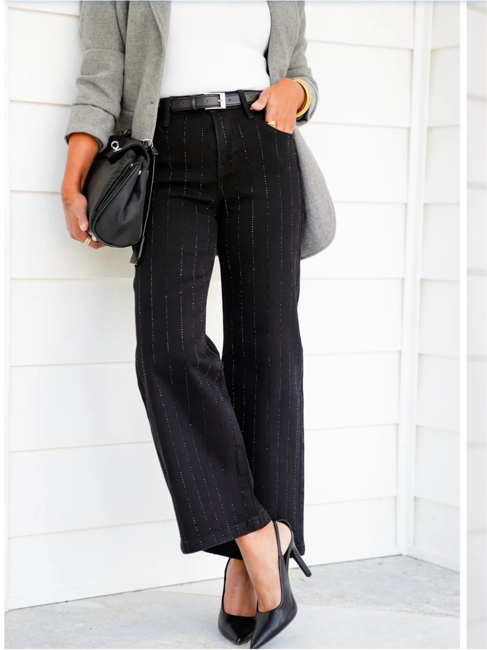 Risen High Rise Black Crop Wide Leg Jeans with Rhinestones